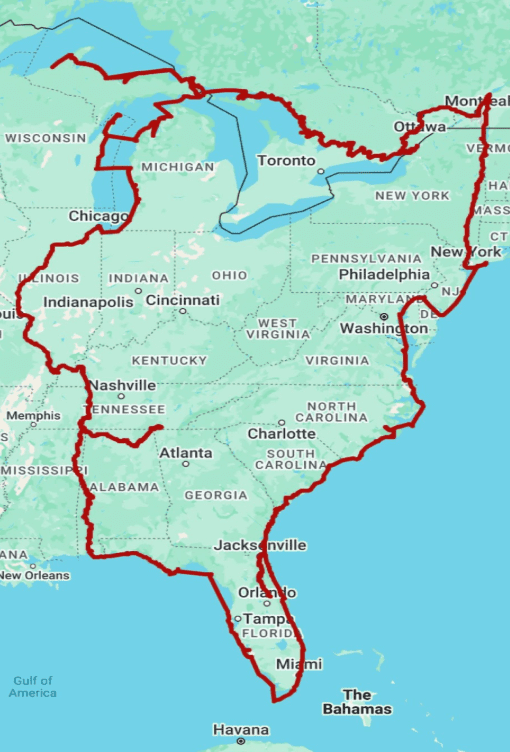 Map of America's Great Loop — a red route circling the eastern U.S. from the Gulf up the Atlantic coast, through the Great Lakes and down the inland rivers